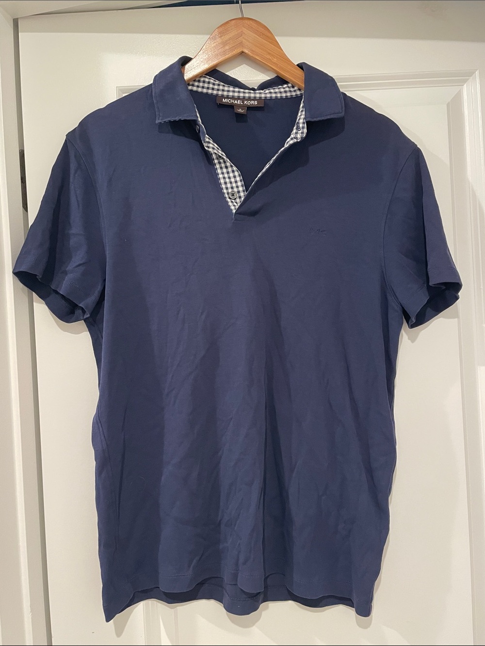 Michael Kors Men's Dark Navy Polo with Gingham Trim medium
